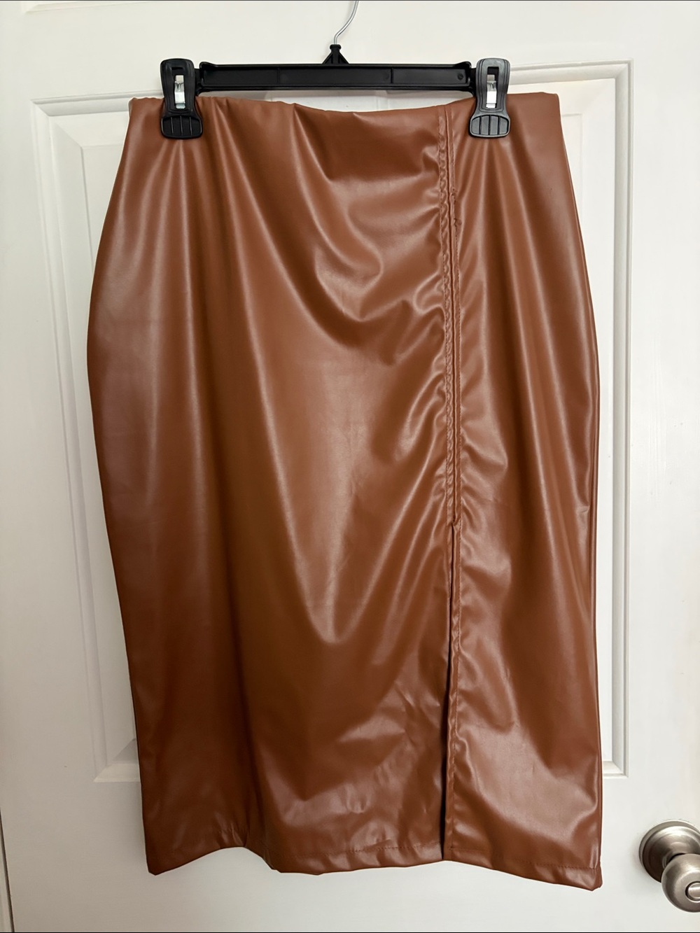 Faux Leather Midi Skirt in Cognac Brown